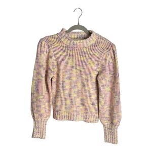 All in Favor Purple and Yellow Knit Sweater With High Neck and Puff Sleeves Sz S